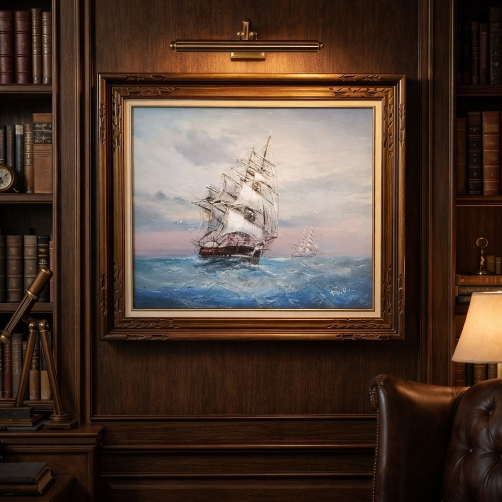 Vintage Signed Baille Seascape Oil Painting Tall Ship‎ Maritime